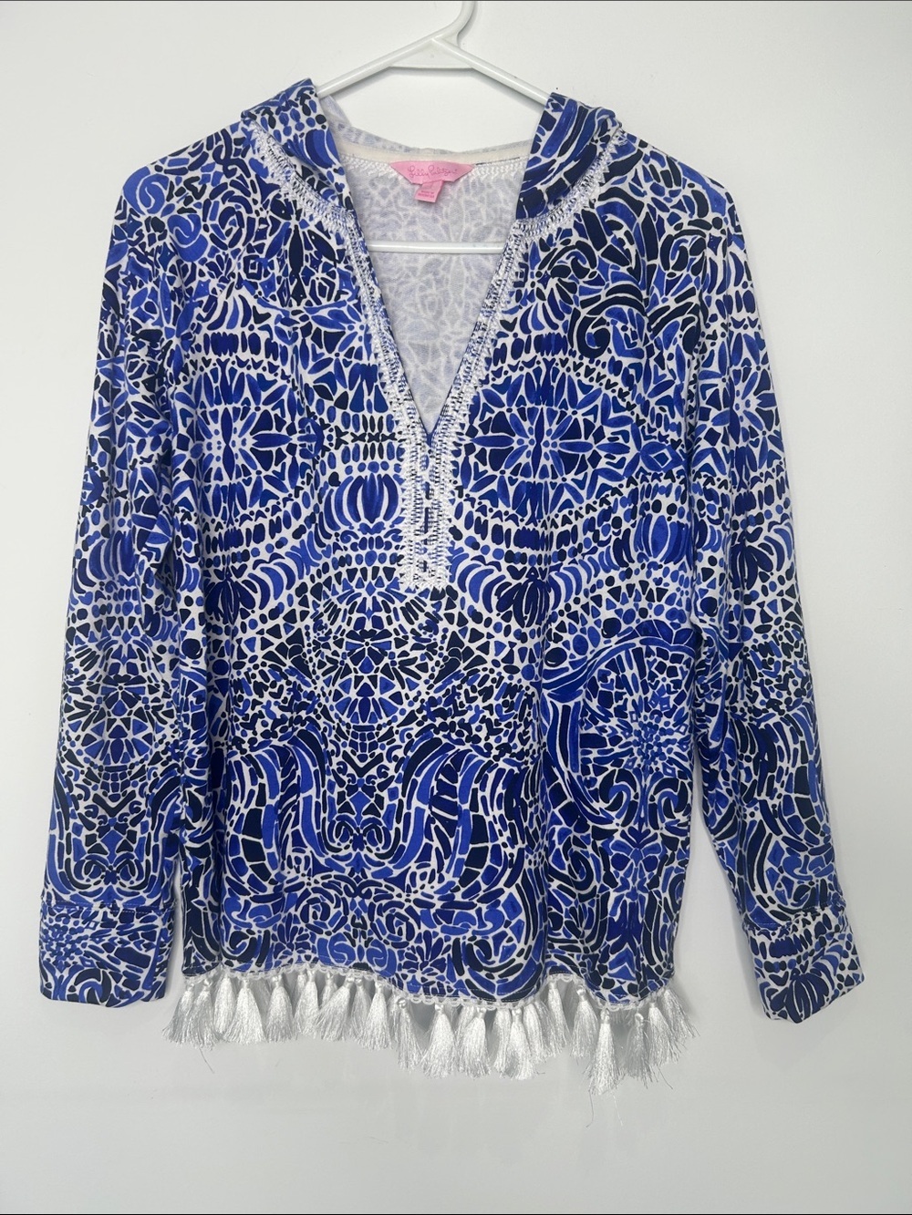 Lilly Pulitzer Blue White Hooded Tassel Fringe Cover-Up Tunic Size Small